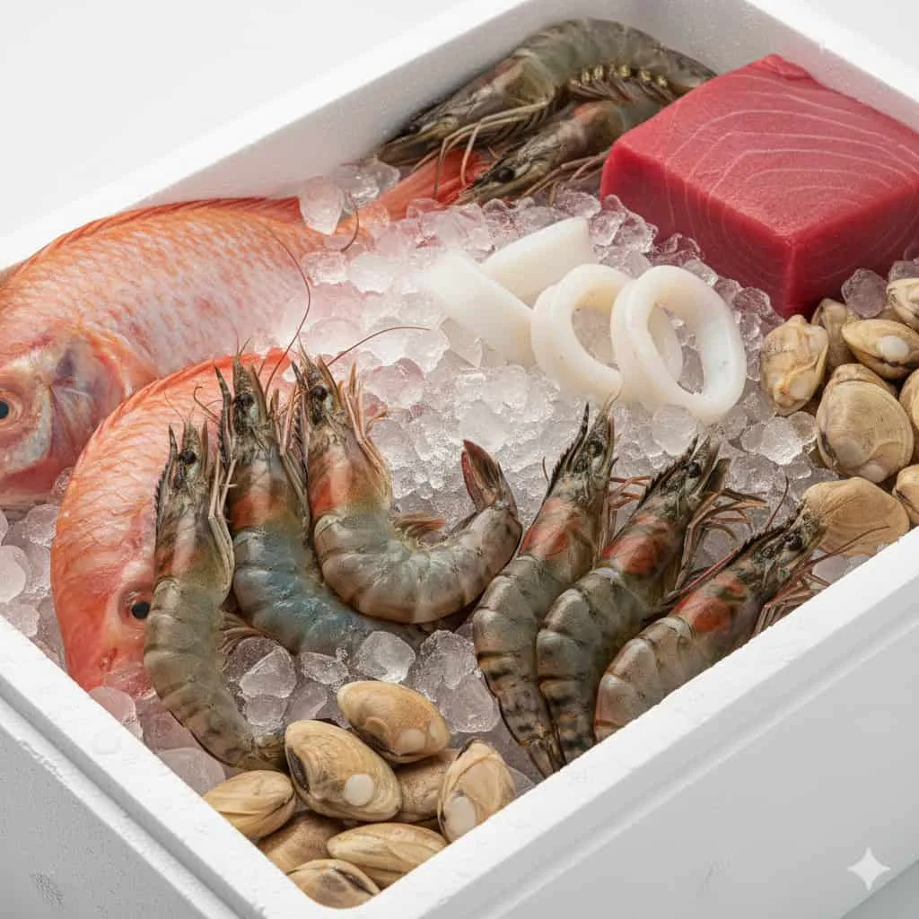 Fresh seafood assortment with shrimp, tuna, oysters, squid, and ice for wholesale seafood suppliers in Vietnam.