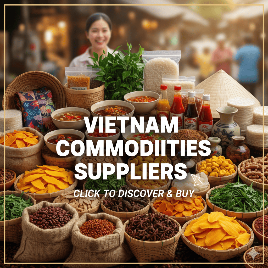 Dried Vietnamese spices and herbs in bamboo baskets with traditional condiments and sauces, showcasing Vietnam's vibrant food industry and suppliers.
