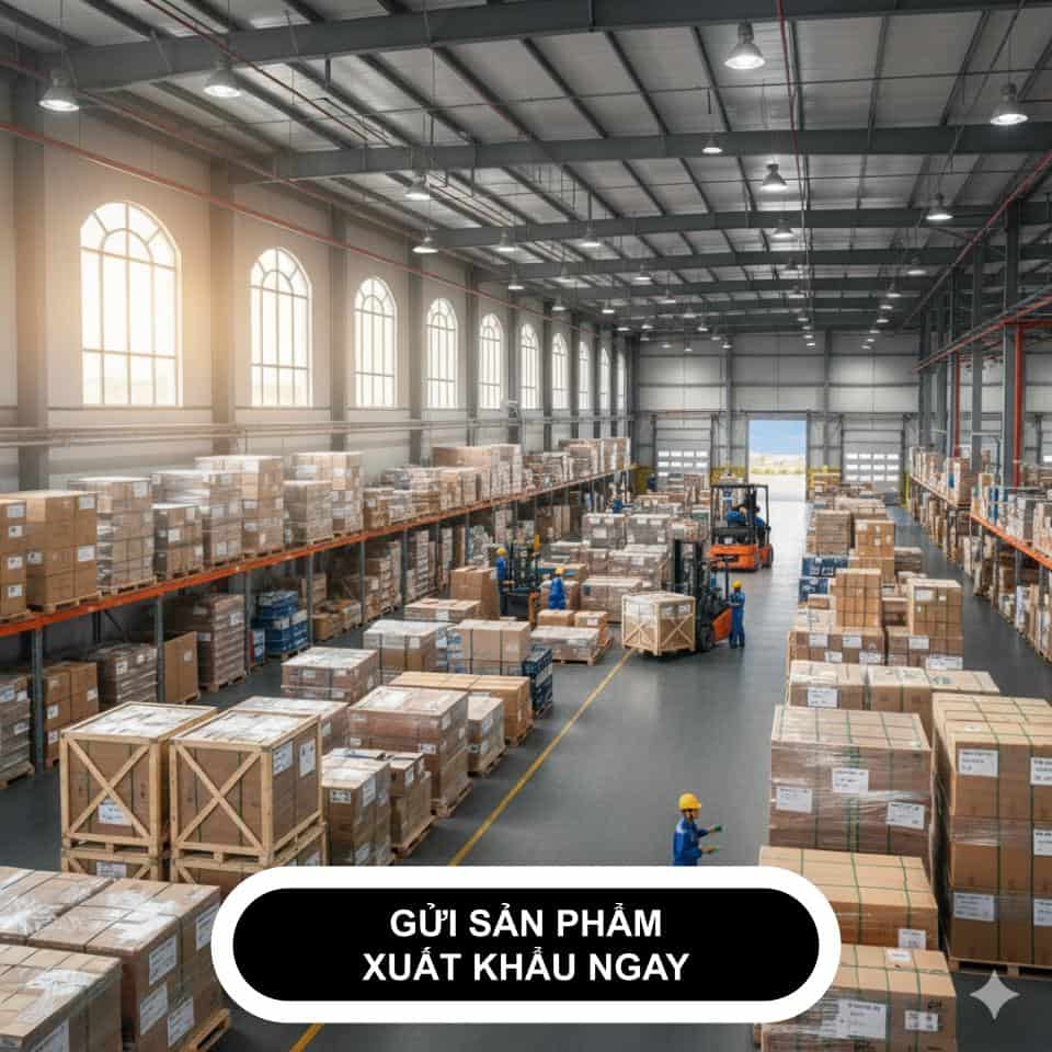 Large warehouse with stacked boxes and forklifts in Vietnam export products logistics facility.