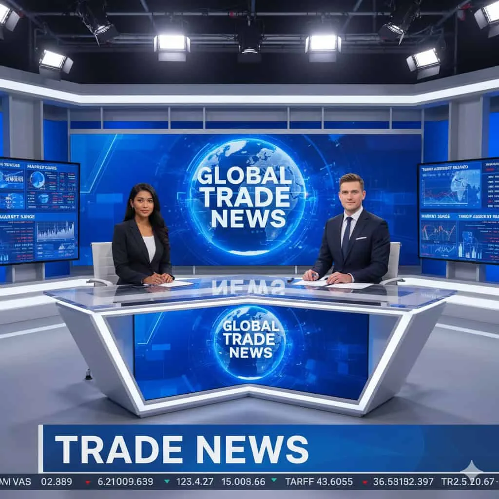 News studio with live global trade news broadcast featuring anchors at desk.
