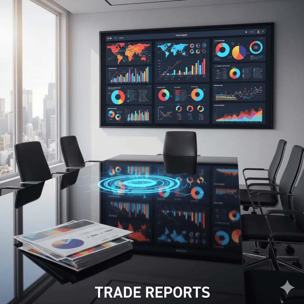 Business meeting room with digital trade reports and data analytics on screens, representing Vietnam trade and supplier analysis.