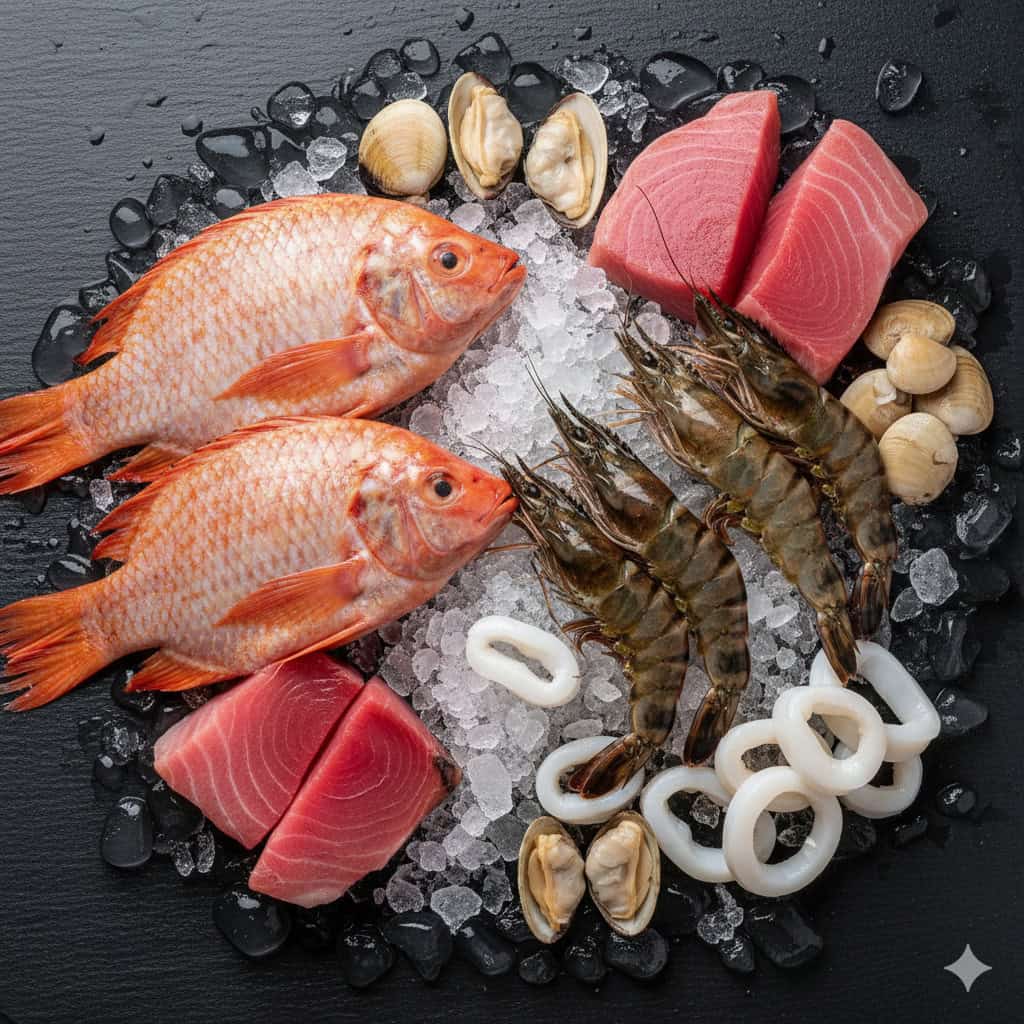 Fresh seafood including fish, prawns, squid, and shellfish on ice for Vietnam suppliers marketing.