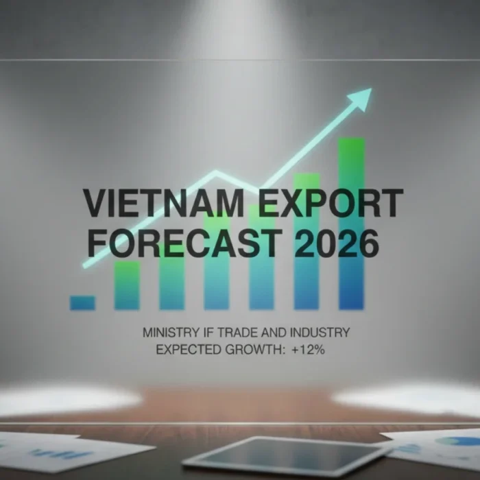 Increasing export growth forecast for Vietnam in 2026 with upward trend graph and industry insights.