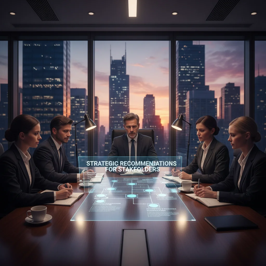 Business meeting with stakeholders in a modern office overlooking city skyline.