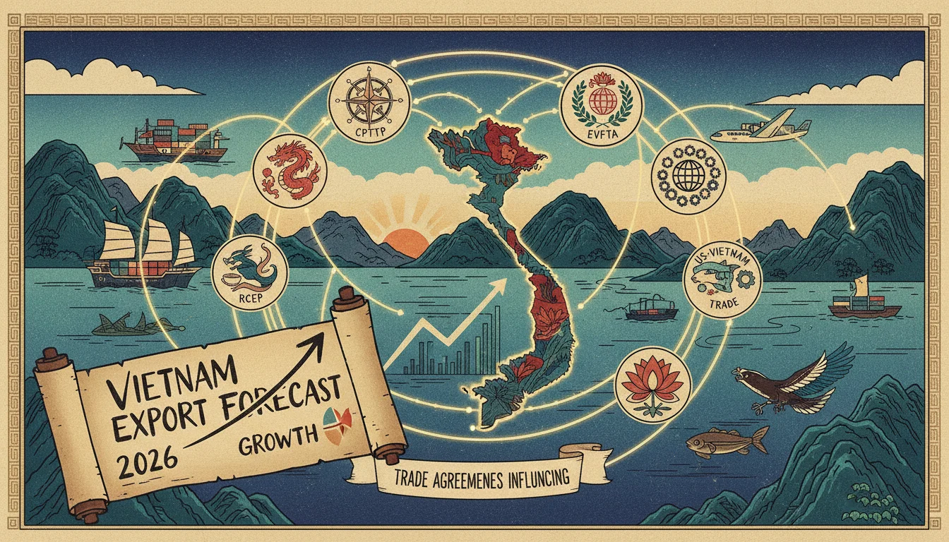 Vietnam Suppliers logo and infographic on free trade agreements and economic impacts.