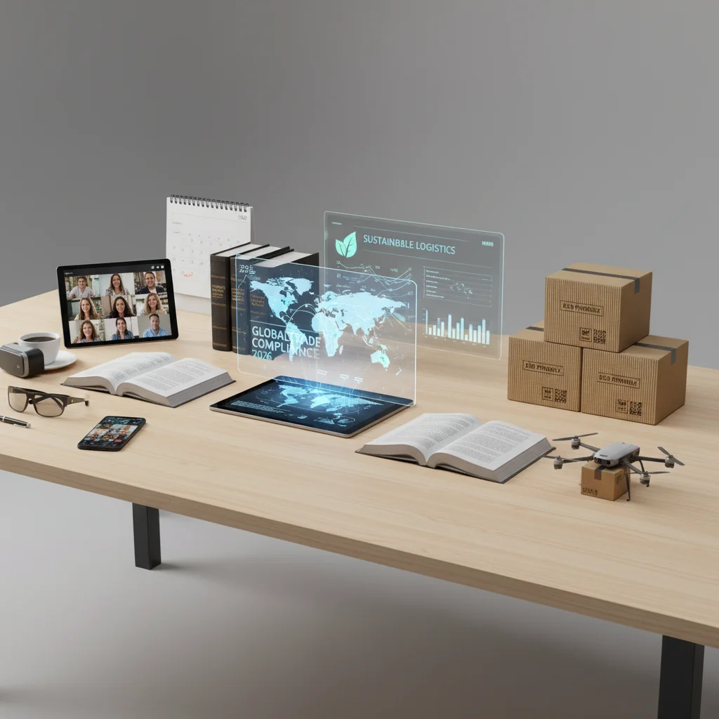 Advanced logistics technology with digital displays and packages on a modern office desk.