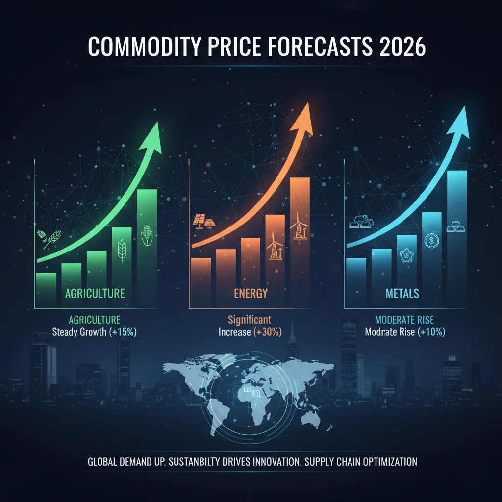 Agriculture, energy, and metals commodity price forecasts for 2026 with upward trends and global dem.