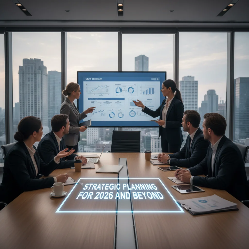 Rise cityscape with business professionals discussing strategic planning in a modern conference room.