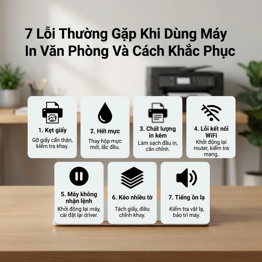 Troubleshooting common office printer issues and solutions in Vietnam.