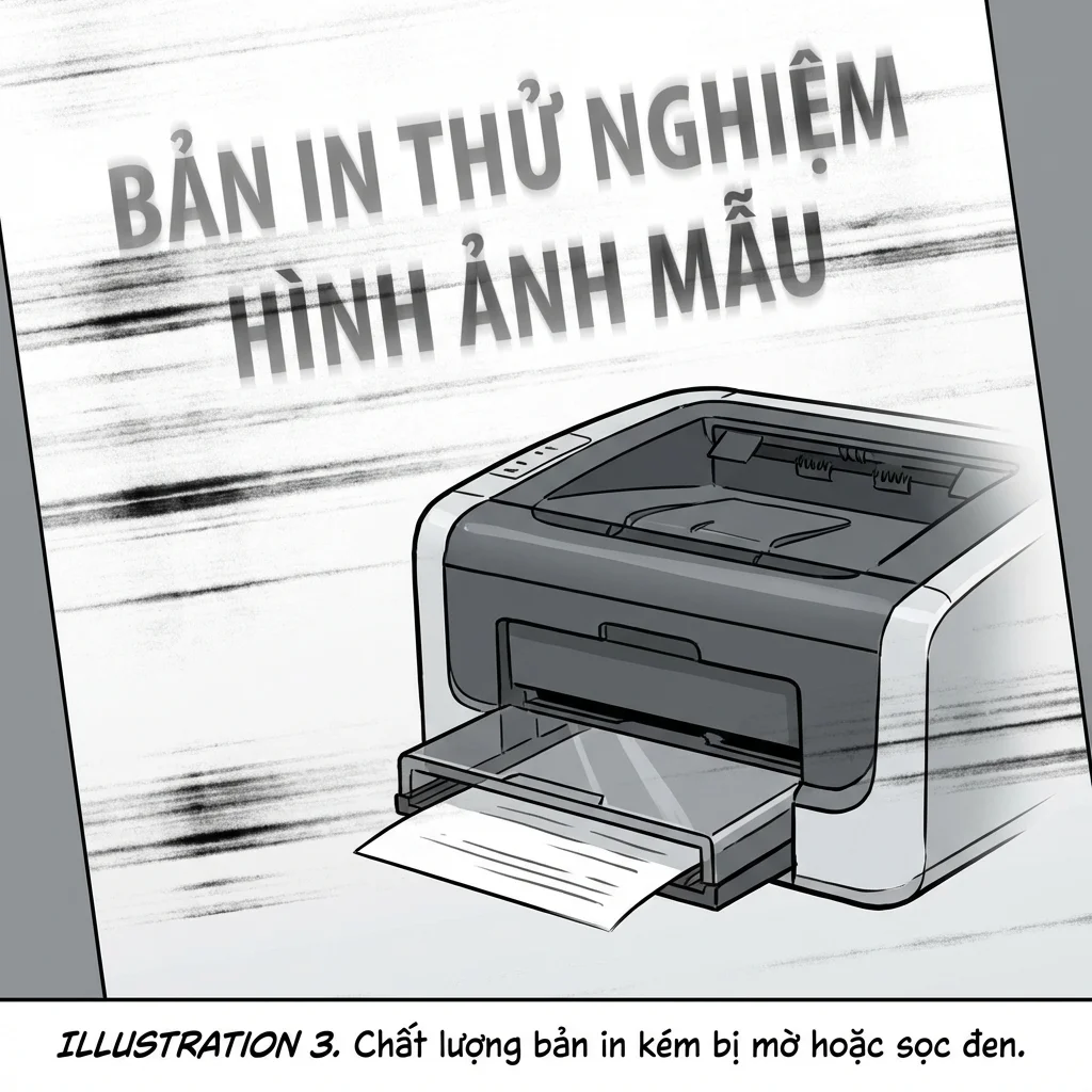 A detailed image of a printer testing print quality with Vietnamese text overlay.