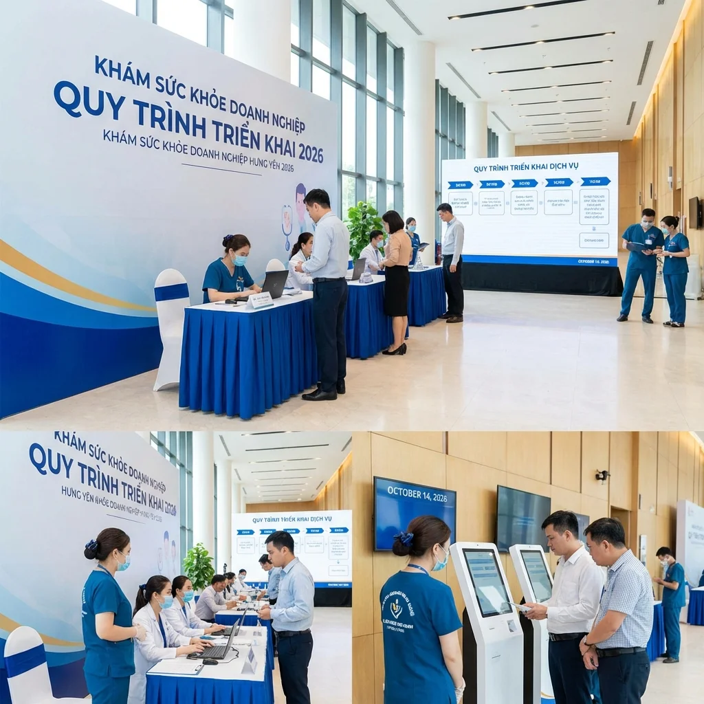 Modern healthcare registration and information desks at Vietnam business event.
