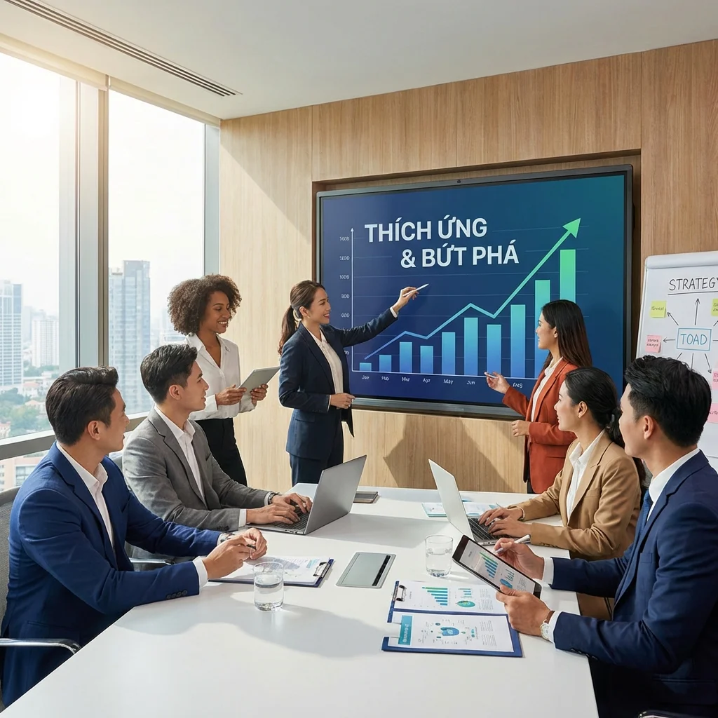 High-angle view of business team in a modern conference room during a presentation on growth strateg.