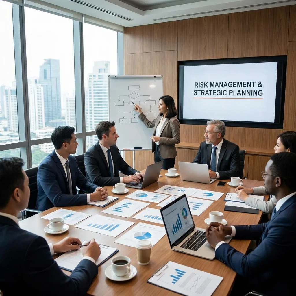 Business meeting discussing risk management and strategic planning in a modern office.